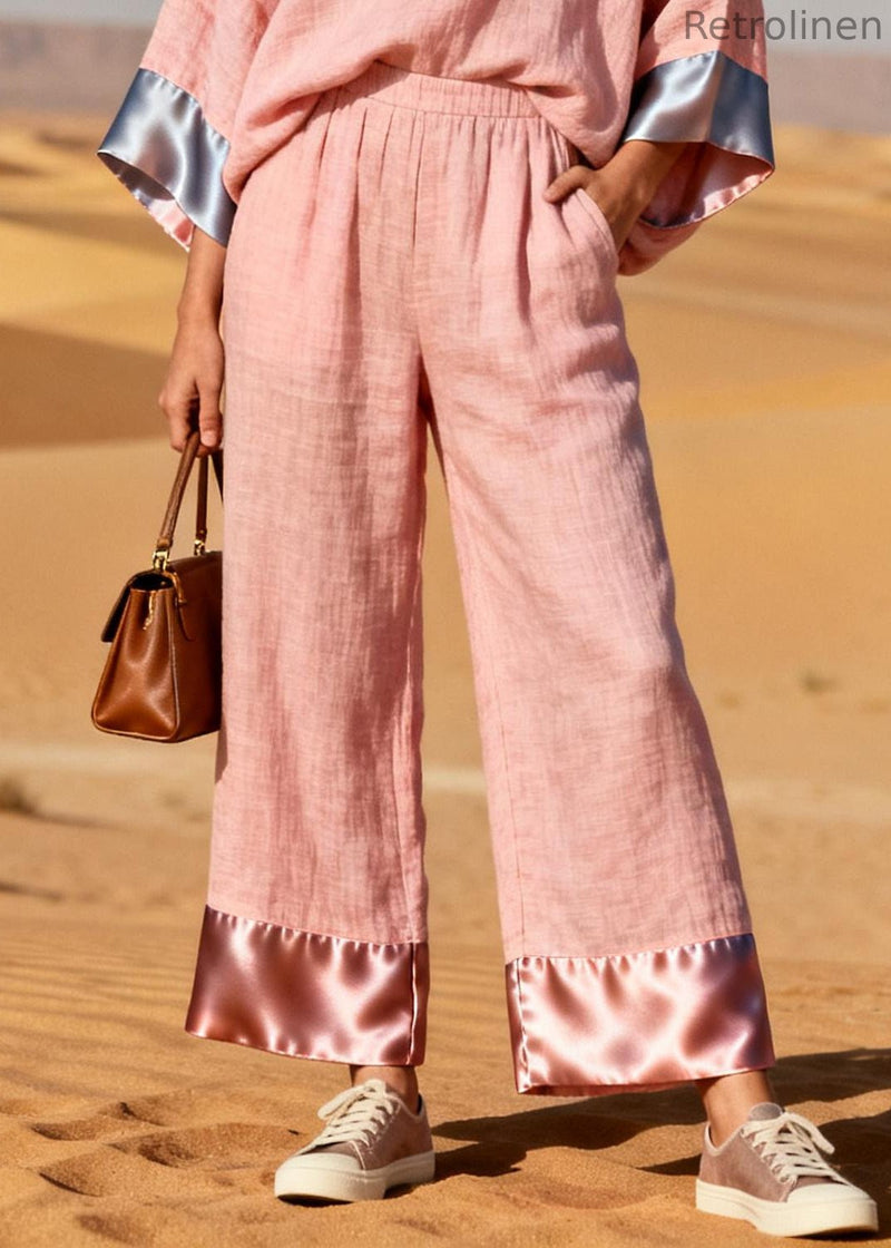 Pink Oversized Patchwork Linen Silk Two Pieces Set Spring