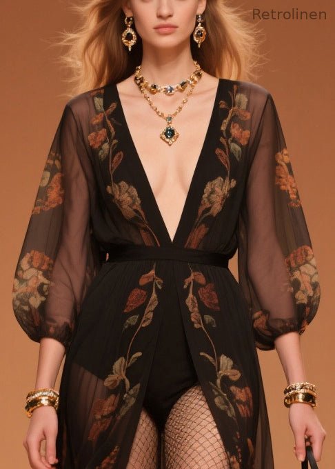 Black Print Draping Chiffon Upf 50+ Beach Cardigan Summer
