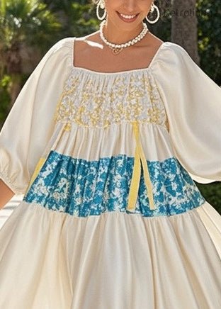Stylish White Oversized Patchwork Satin Holiday Dress Puff Sleeve