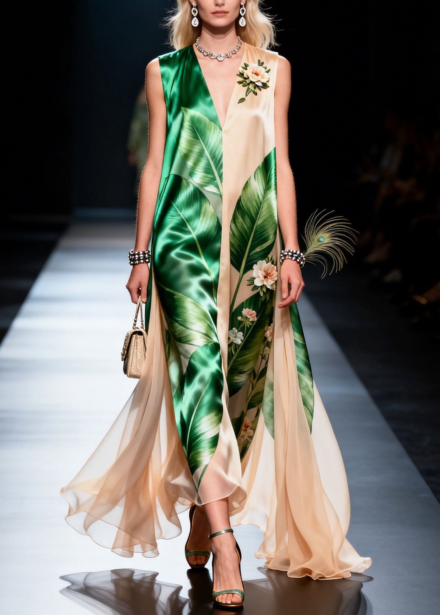Style Colorblock V Neck Print Chiffon Dress Sleeveless