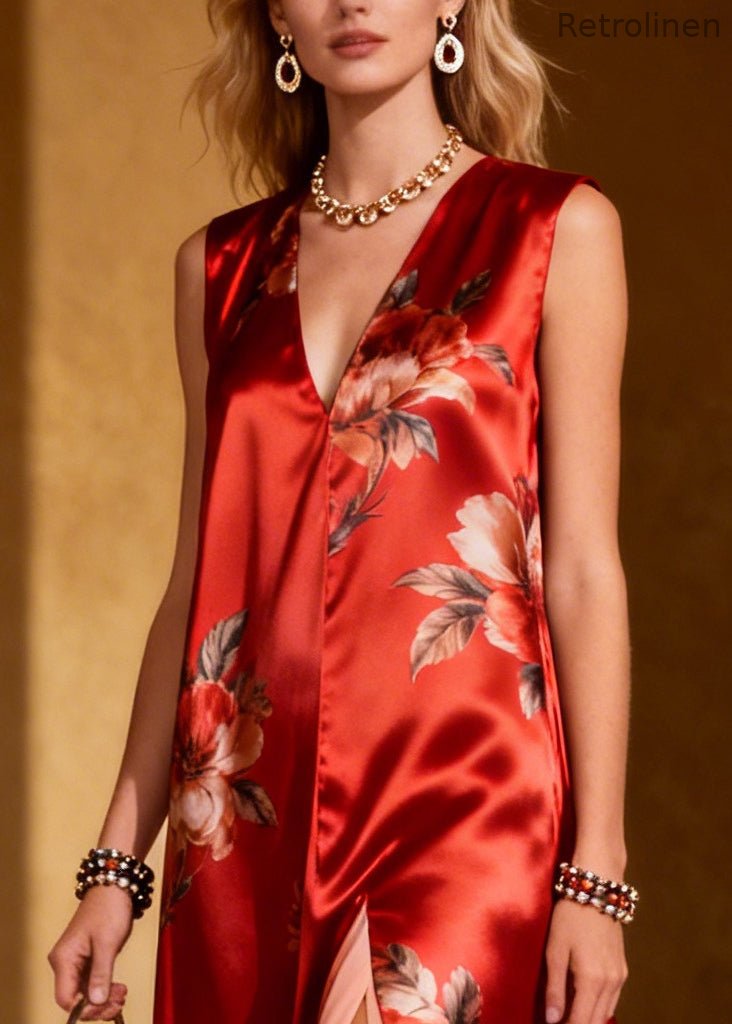 Red Print Side Open Chiffon Holiday Dress Sleeveless