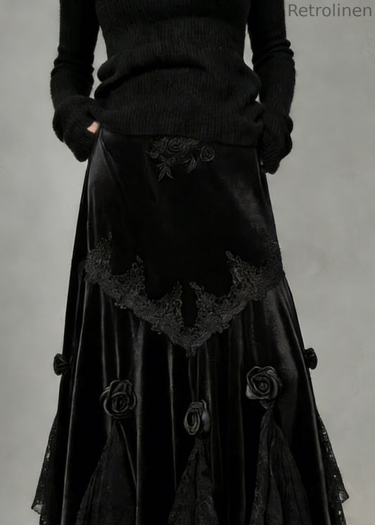 Slim Fit Black Lace Silk Velvet Fish Tail Skirt Spring