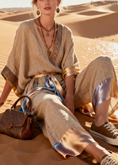 V Neck Print Tie Waist Patchwork Linen Jumpsuits Half Sleeve