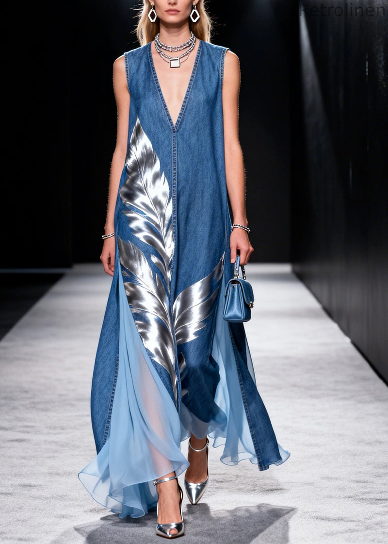 Denim Blue Patchwork Tulle Holiday Dress Oversized Print Summer