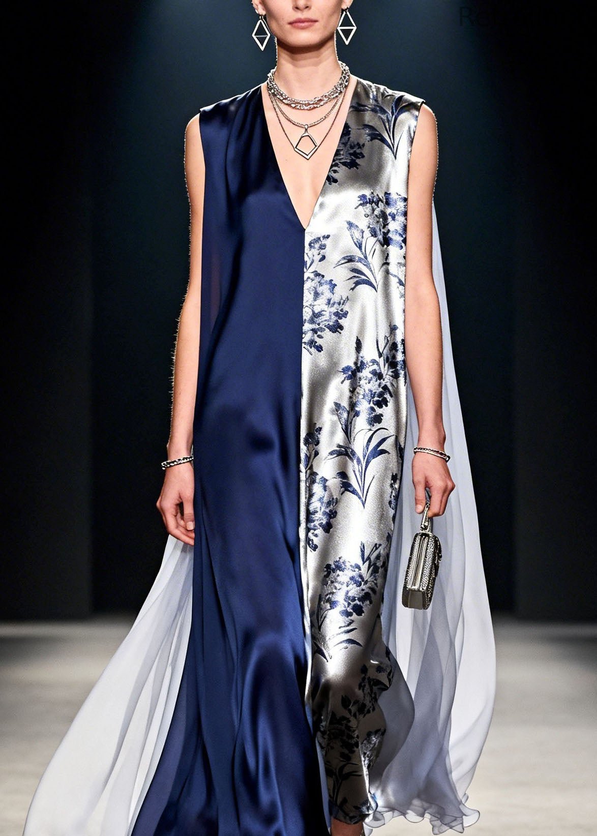 French Colorblock V Neck Print Patchwork Silk Dress Sleeveless