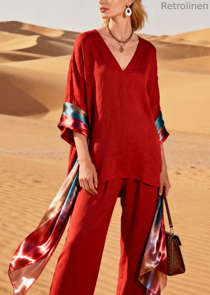 Handmade Red V Neck Patchwork Linen Silk Two Piece Set Clothing Summer