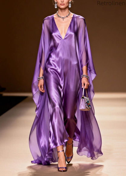 Purple V Neck Silk Long Dress Spring