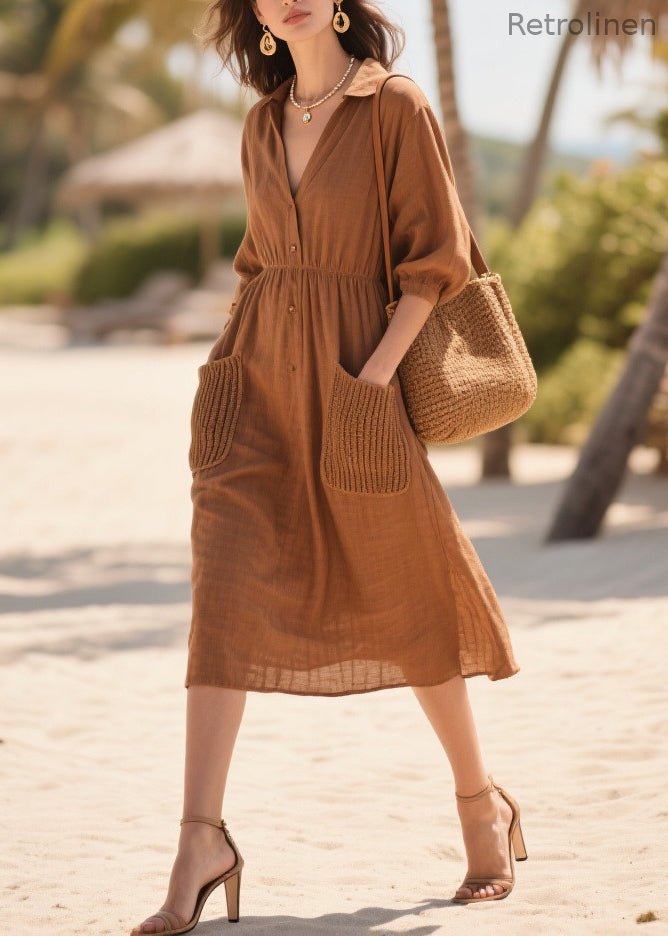Classy Brown Peter Pan Collar Patchwork Pockets Cotton Dress Summer