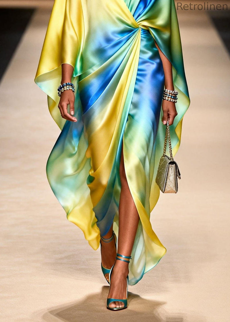 V Neck Tie Dye Side Open Chiffon Dresses Spring