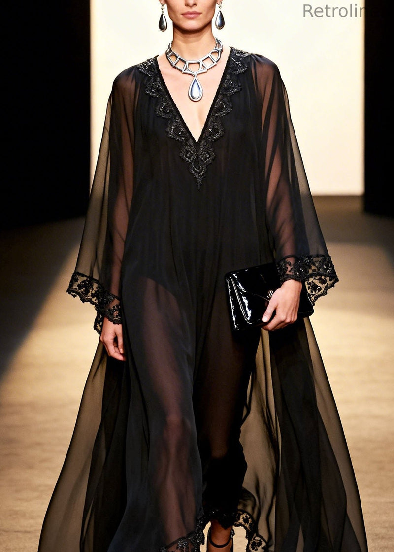Black V Neck Patchwork Chiffon Holiday Dress Spring