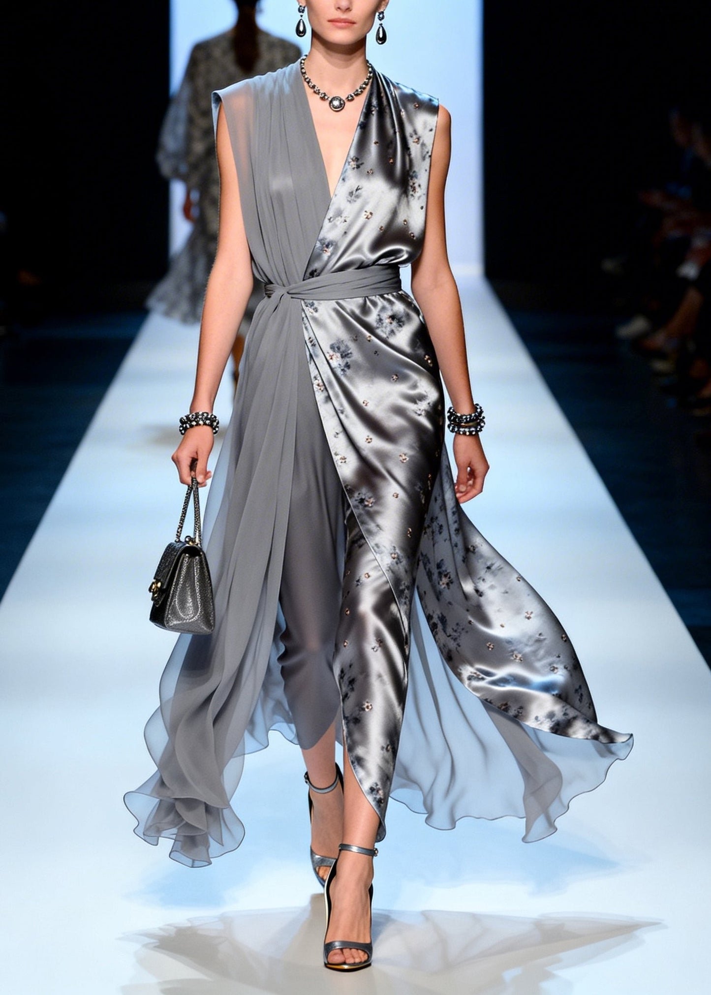 Boutique Grey Asymmetrical Print Chiffon Tunic Dress Summer