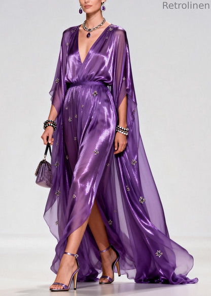 Purple V Neck Zircon Chiffon Long Dress Summer