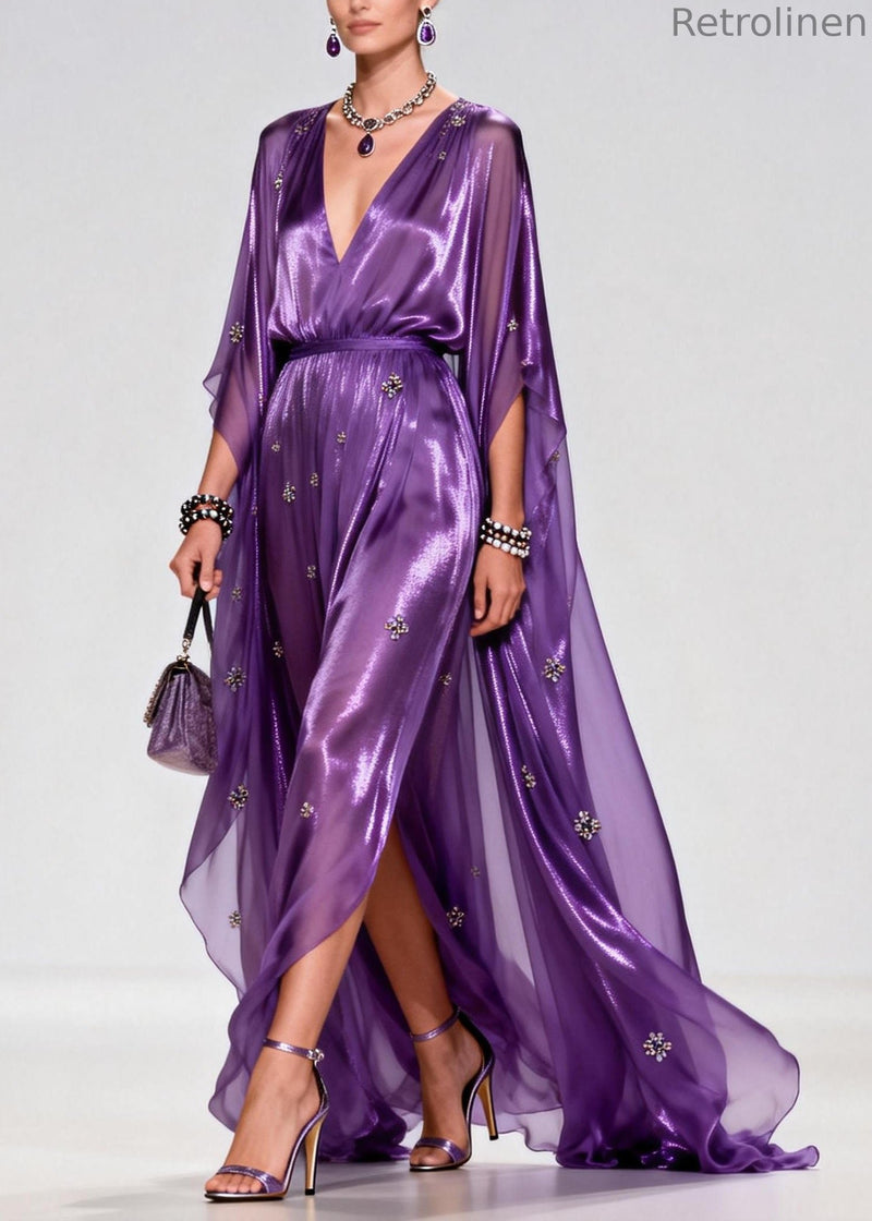 Purple V Neck Zircon Chiffon Long Dress Summer