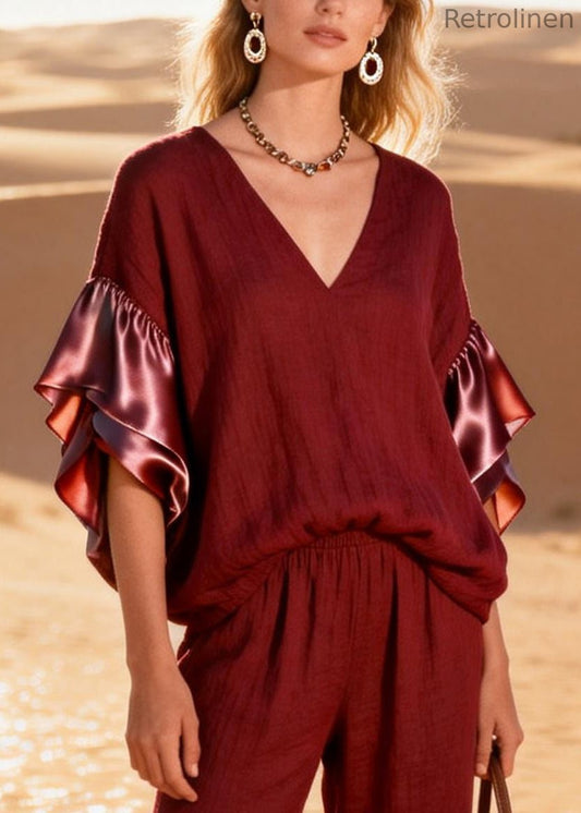 Fine Mulberry V Neck Patchwork Cotton Two Pieces Set Butterfly Sleeve