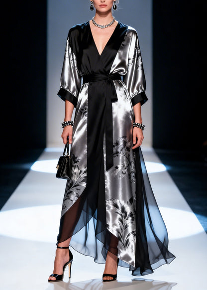 French Black Tie Waist Patchwork Chiffon Long Dress Summer
