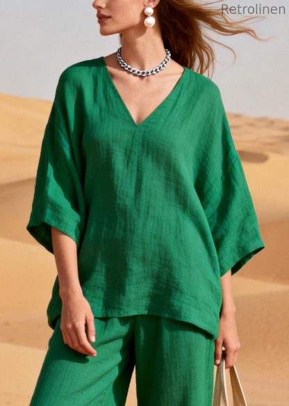 Green Sequins Patchwork Tops and Crop Pants Linen Two Pieces Set Half Sleeve