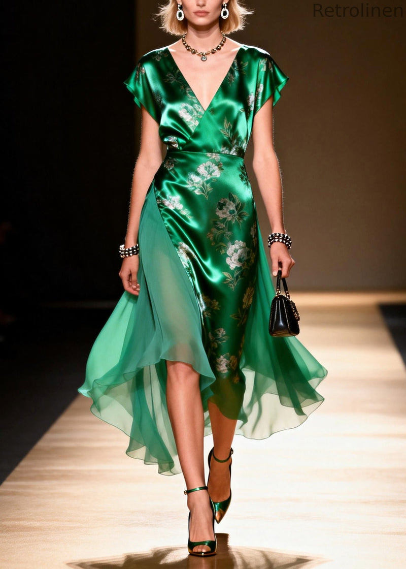 Green V Neck Patchwork Chiffon Robe Dresses Summer