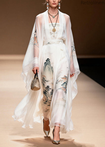 White Print Chiffon Two Pieces Set Summer