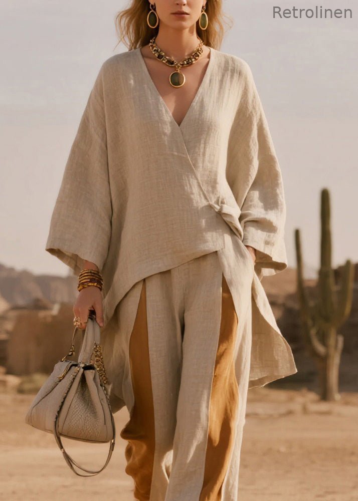 French V Neck Asymmetrical Patchwork Linen Two-piece Set Spring