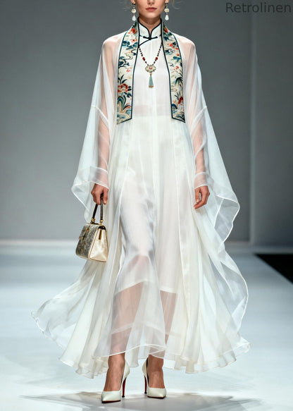 Simple White Stand Collar Patchwork Chiffon Two Piece Set Summer