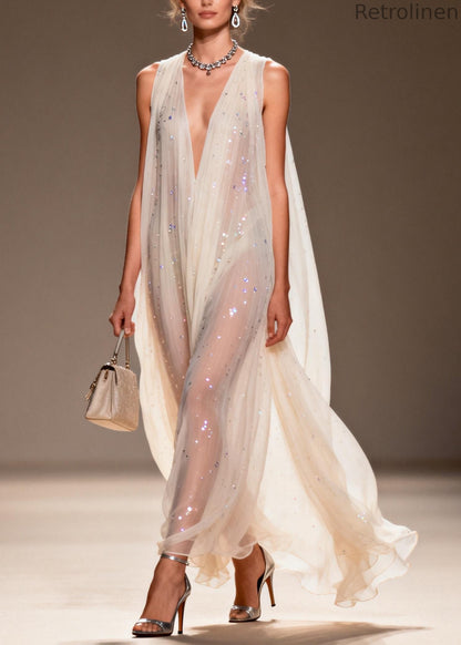 Loose V Neck Zircon Chiffon Dress Sleeveless