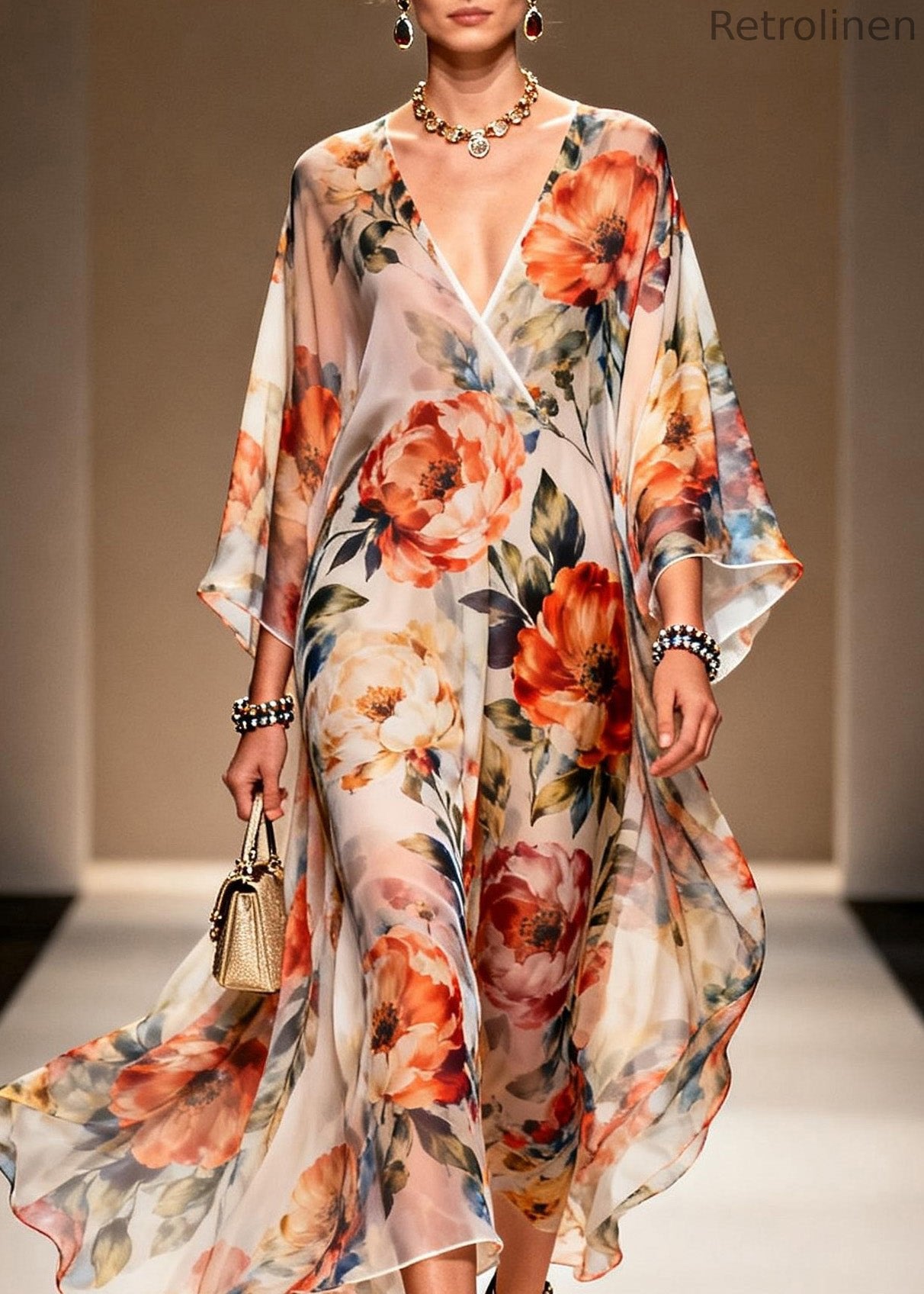 Italian V Neck Print Chiffon Long Dresses Summer