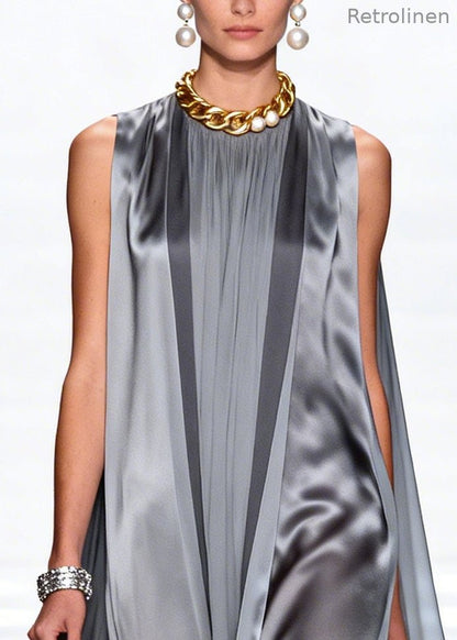 Loose Grey Oversized Stereoscopic Chiffon Long Dress Sleeveless