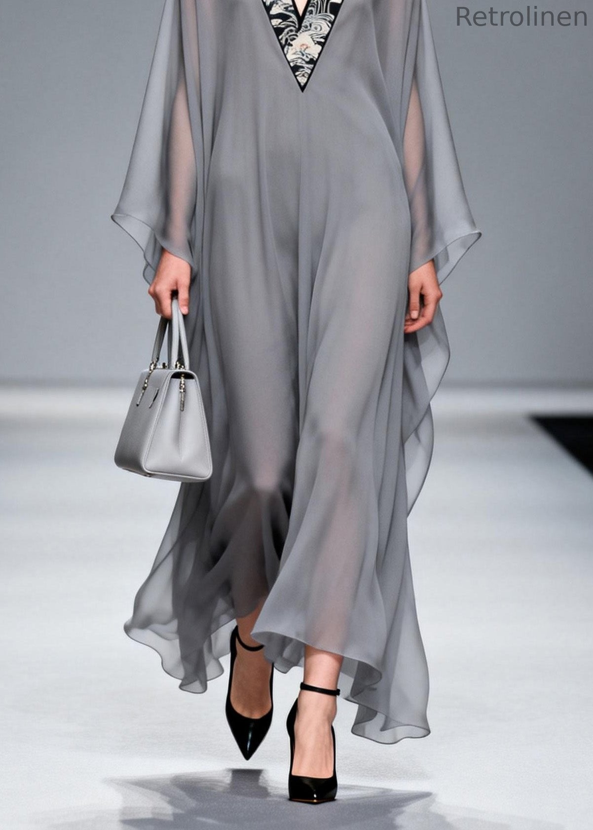 Grey V Neck Patchwork Chiffon Long Dress Spring