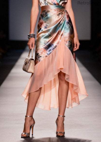 V Neck Ruffled Print Patchwork Silk Dresses Summer