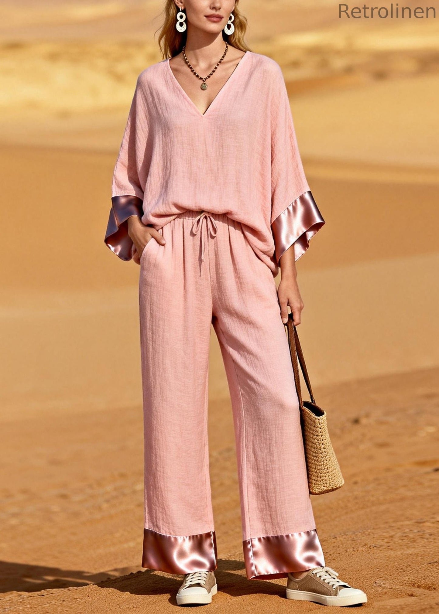 Pink V Neck Patchwork Cotton Two Pieces Set Spring