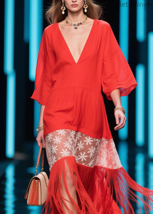 Red V Neck Print Tassel Cotton Dress Summer