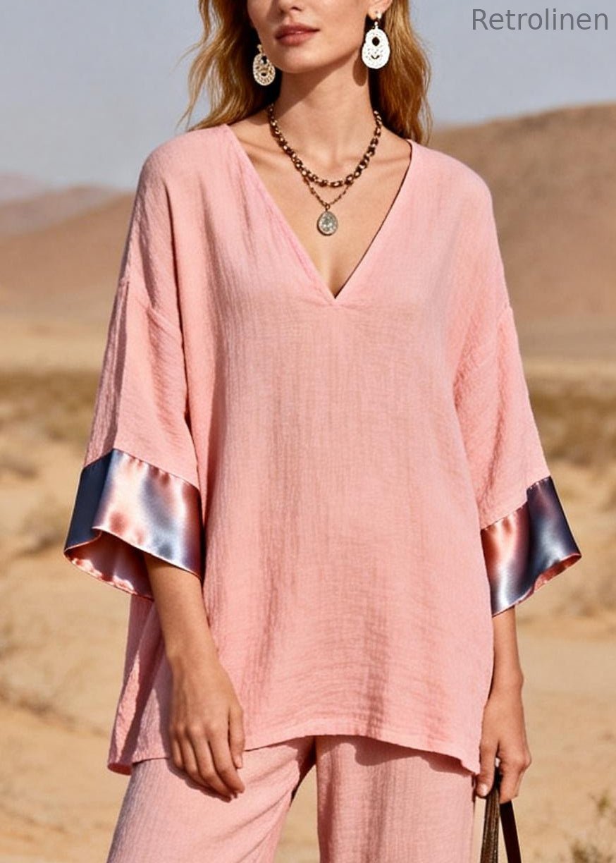 Pink Oversized Patchwork Silk Cotton Two-piece Set Spring