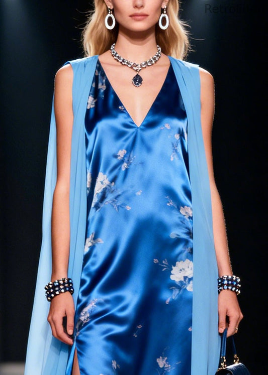 Blue Patchwork Silk Maxi Dress Side Open Sleeveless