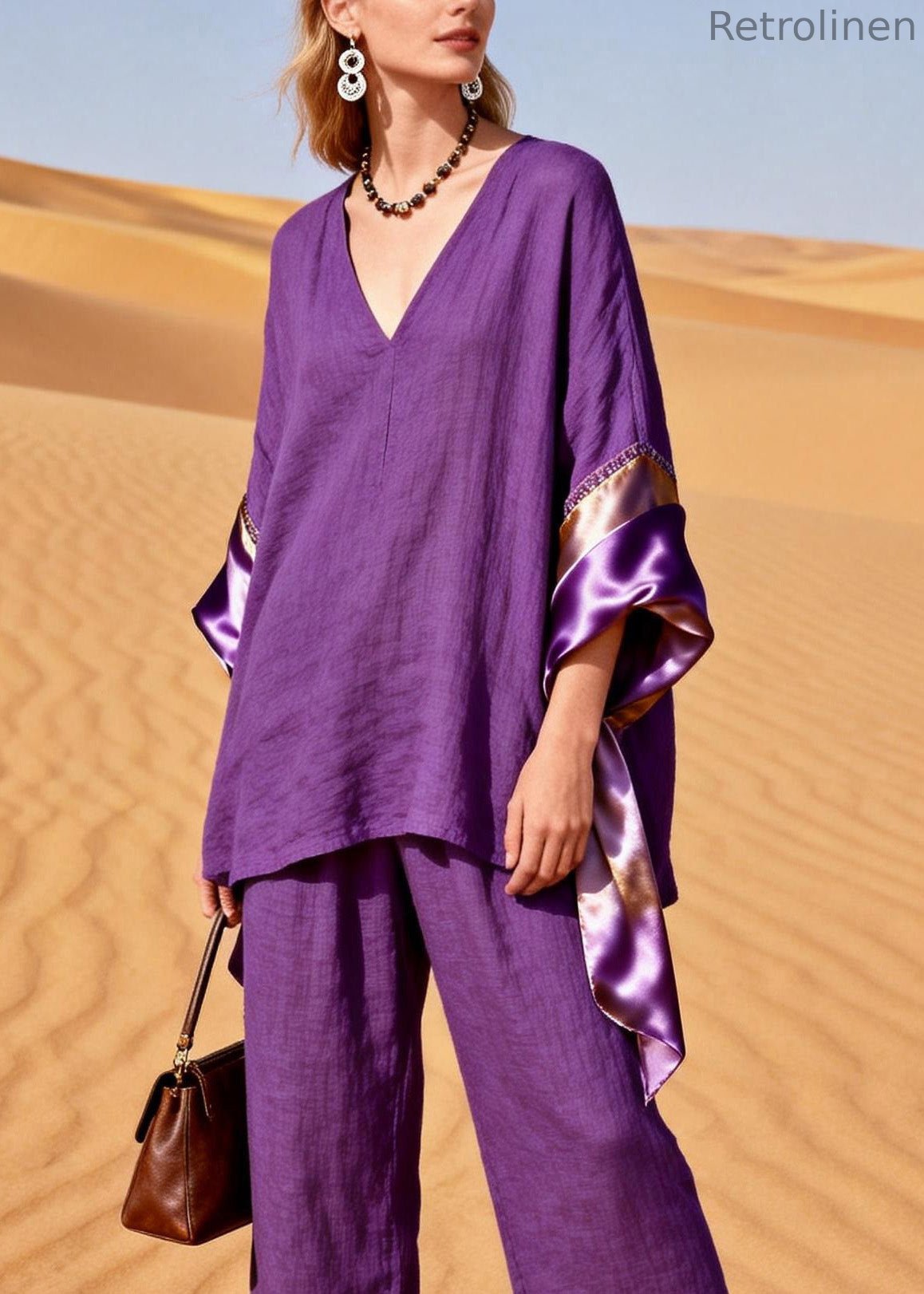 Purple V Neck Silk Patchwork Linen Two Pieces Set Summer