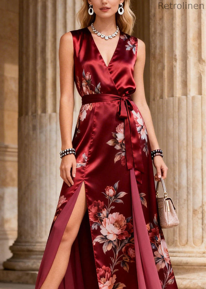 Handmade Red Print Side Open Lace Up Silk Dress Summer