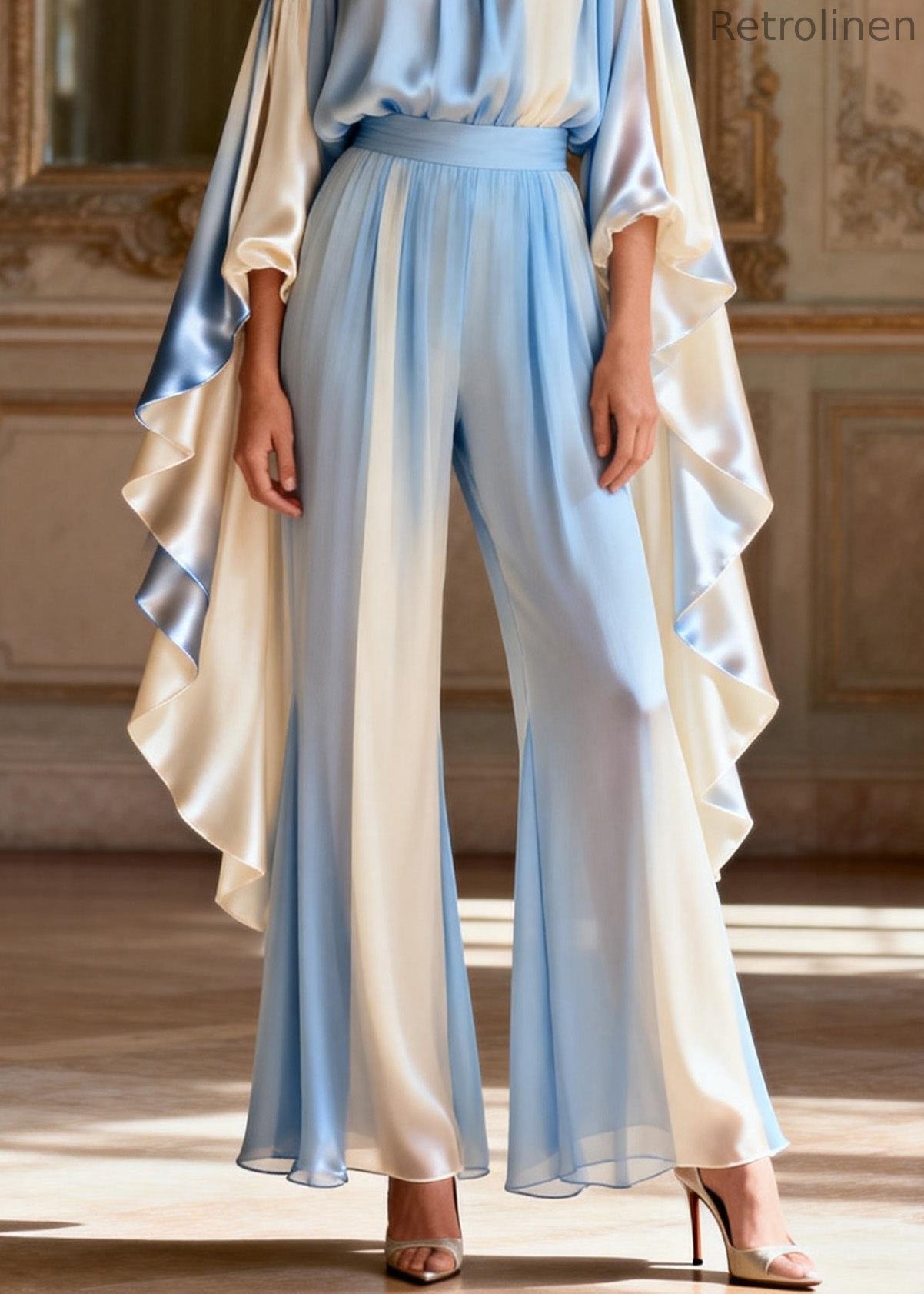 Slash Neck Asymmetrical Patchwork Silk Two-piece Set Spring