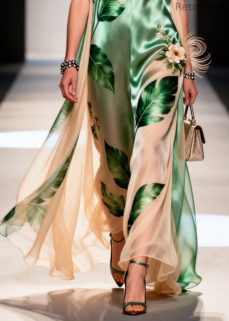 Green Leaf Print Handmade Flower Chiffon Dresses Sleeveless