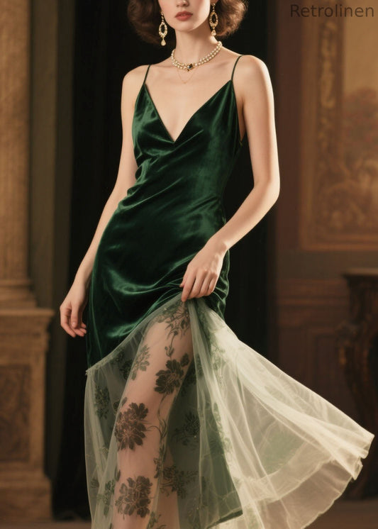 French Green V Neck Patchwork Velvet Spaghetti Strap Dress Summer
