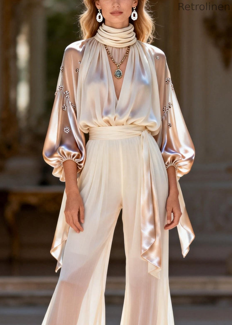 Art Neck Patchwork Silk Top and Flared Trousers Two Pieces Set Lantern Sleeve
