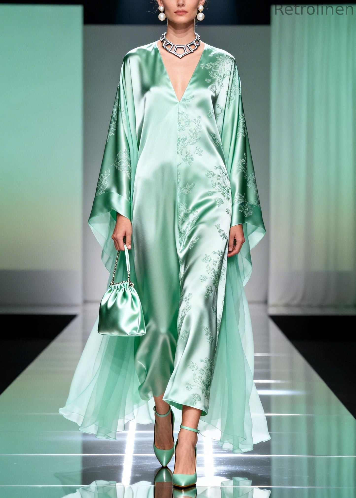 Classy Light Green V Neck Print Silk Long Dress Spring