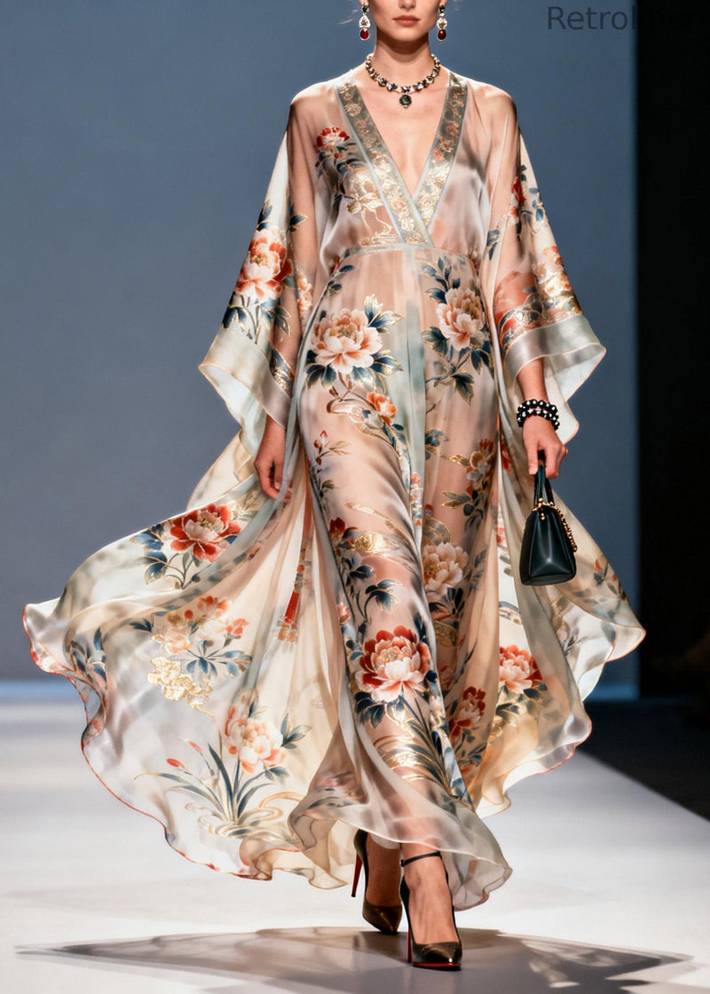 Handmade V Neck Print Chiffon Vacation Dresses Summer