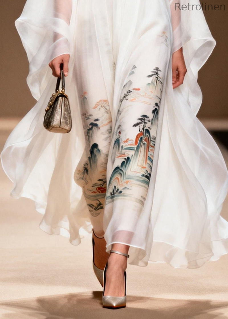 White Print Chiffon Dress Two Piece Set Summer