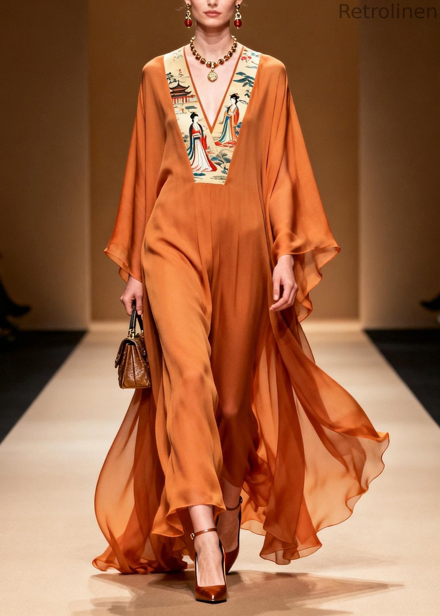 New Orange V Neck Print Patchwork Chiffon Long Dress Spring