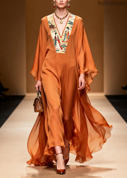 New Orange V Neck Print Patchwork Chiffon Long Dress Spring
