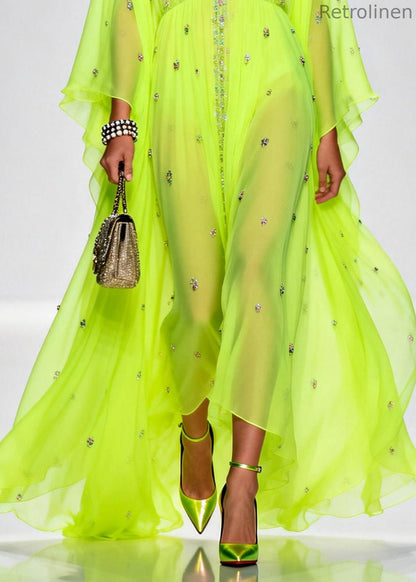 Original Design Fluorescent Green Rhinestone Exra Large Hem Chiffon Party Dresses Summer