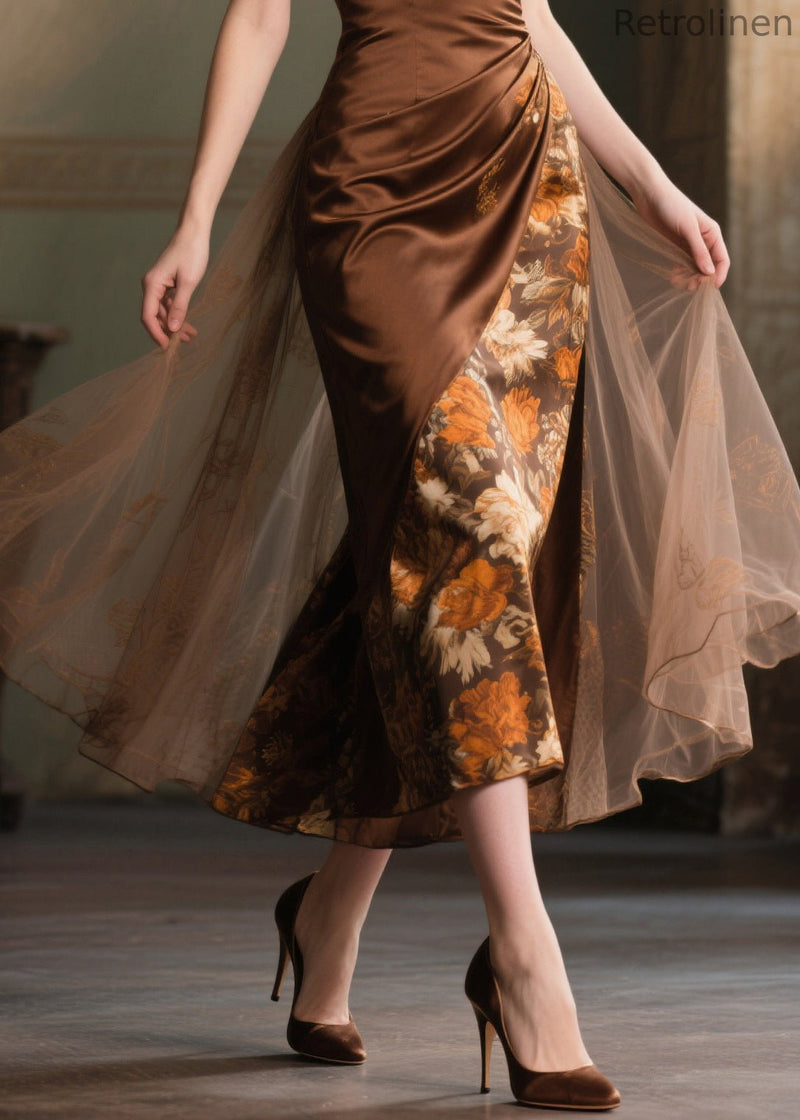 Boutique Chocolate Print Patchwork Tulle Cami Dress Summer