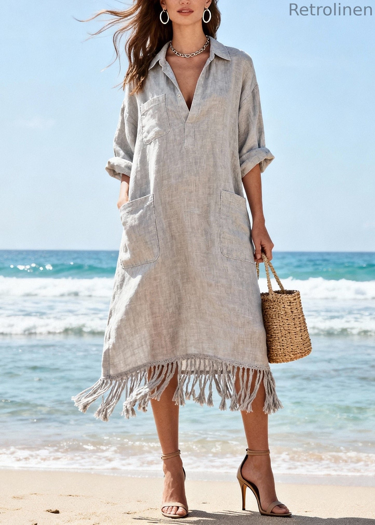 Organic Light Grey Tasseled Pockets Cotton Long Dress Spring
