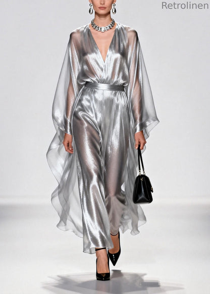 Silvery Tunic Draping Chiffon Long Dress Summer