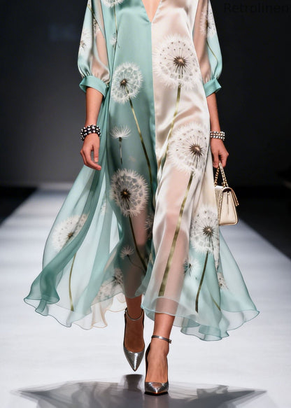 Colorblock V Neck Print Chiffon Maxi Dresses Summer