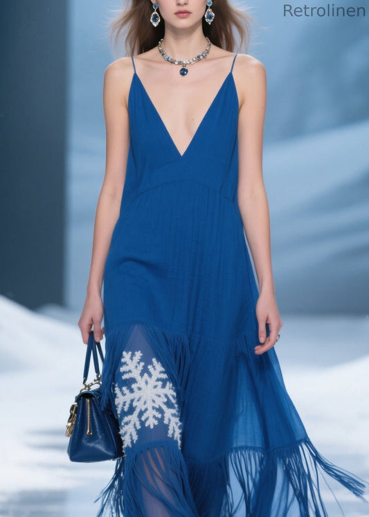 Blue Tassel Patchwork Spaghetti Strap Dress Summer